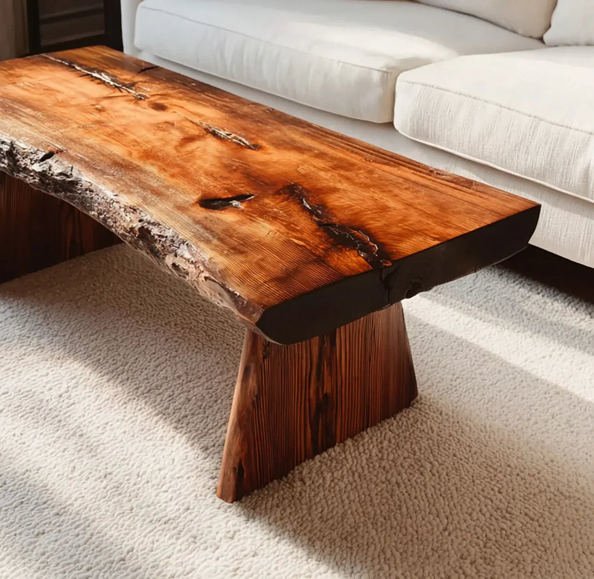 Live edge wooden coffee table with rustic texture in a cozy living room with white sofa and carpet