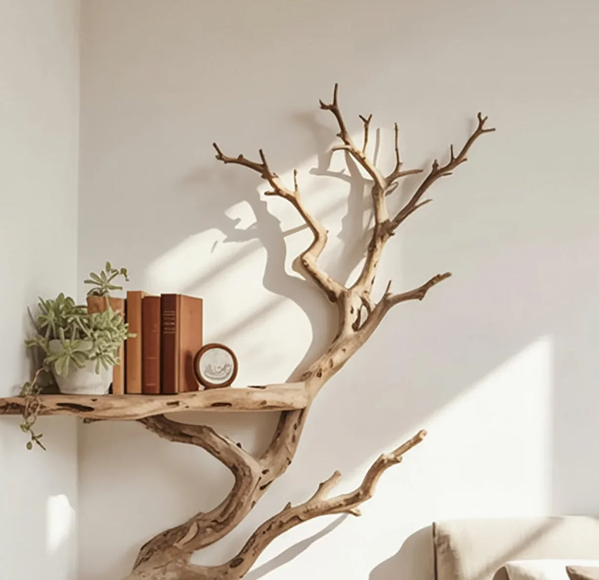 Sustainably crafted tree branch bookshelf with books and plant on solid wood shelf