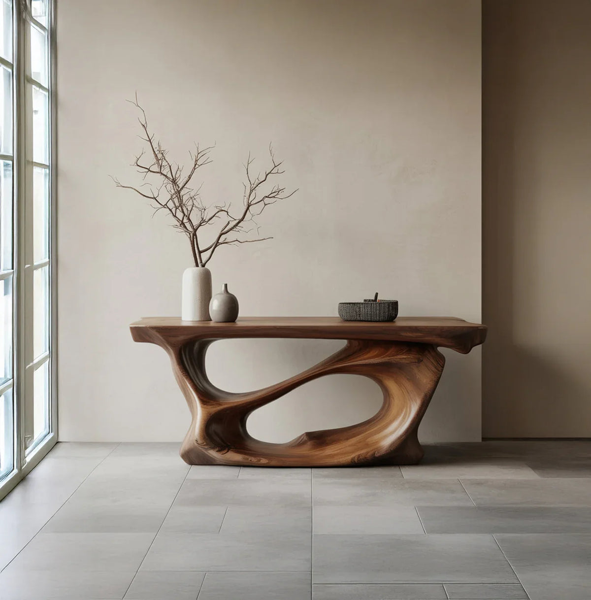 Sculpted solid wood console table with artistic live edge design, minimalist decor, in bright modern room