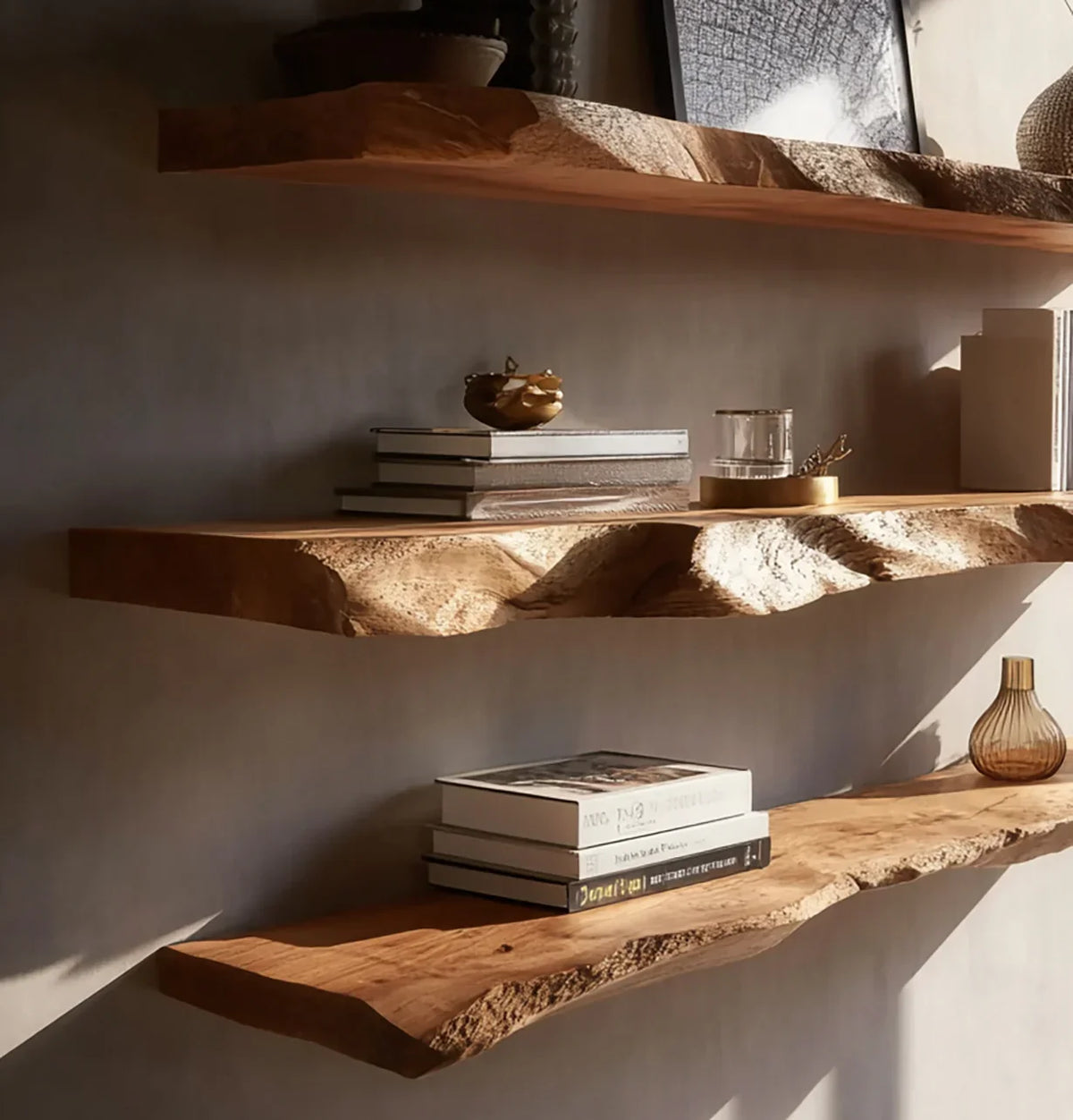 Floating rustic wooden shelves with books, glass jar, decorative objects, and warm natural light