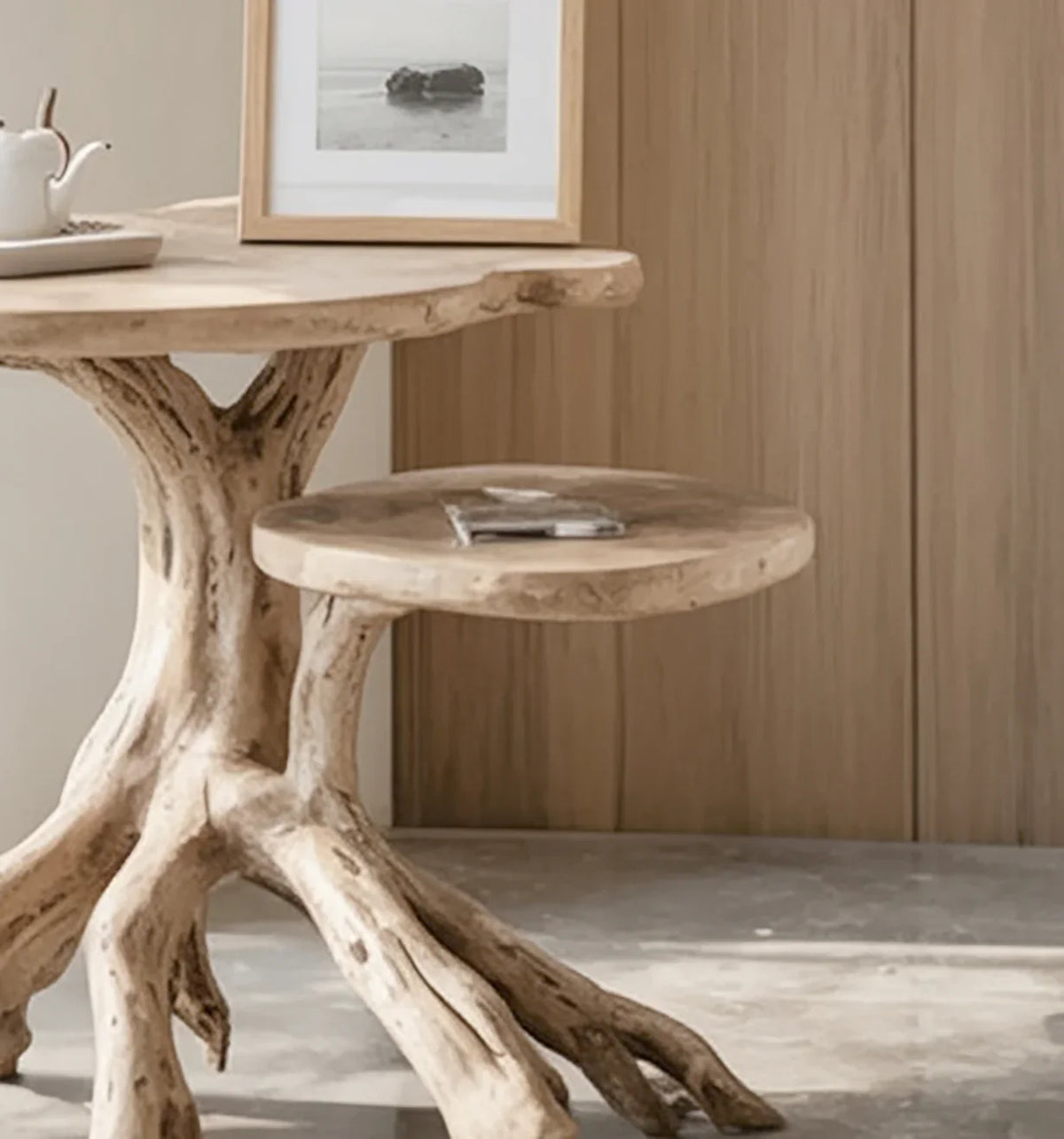 Solid wood live edge table with tree root base in modern setting
