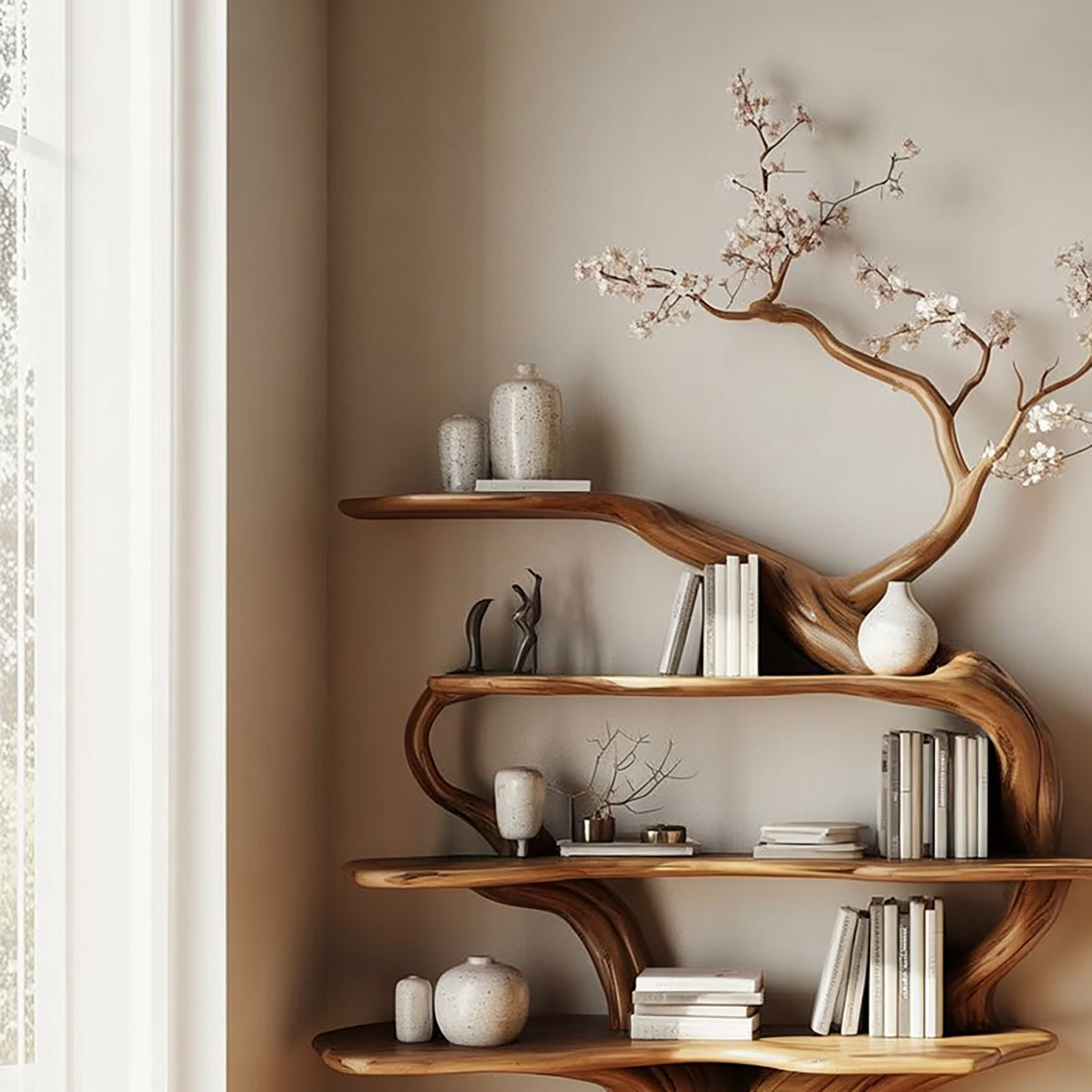 Organic wooden bookshelf with white books, ceramic vases, and branch decor in modern room