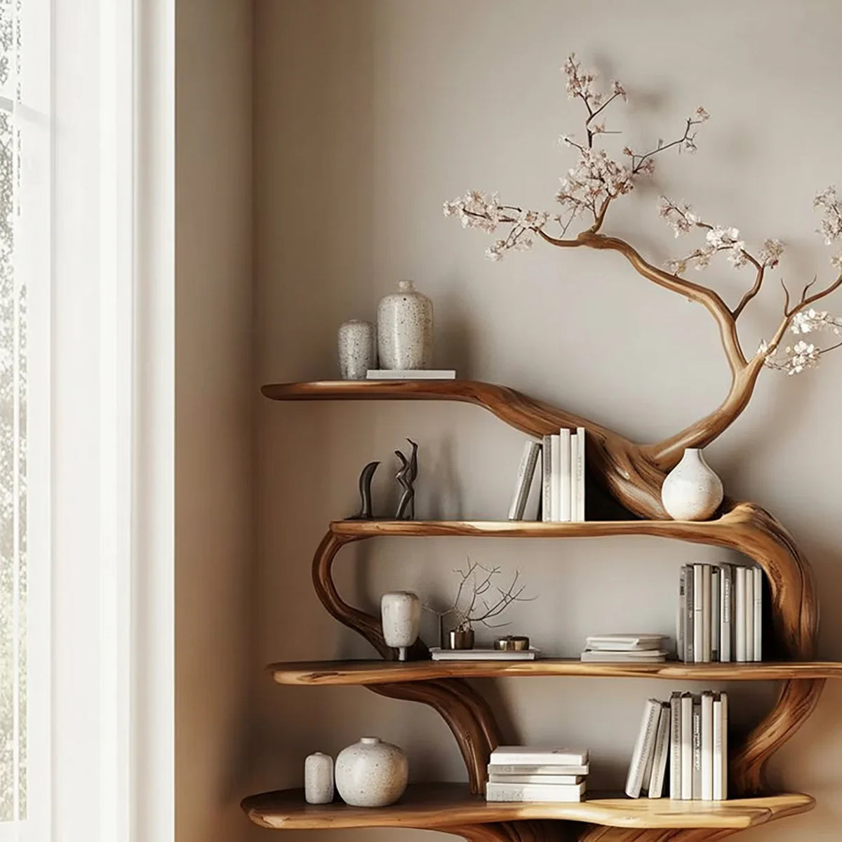 Organic wooden bookshelf with white books, ceramic vases, and branch decor in modern room