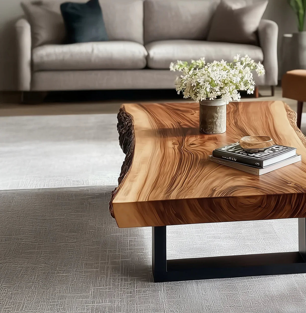 Live edge solid wood coffee table with natural grain, flowers, and books in modern living room.