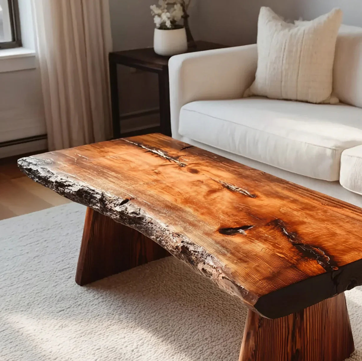 Rustic live edge wooden coffee table in modern living room with white sofa and decorative pillow