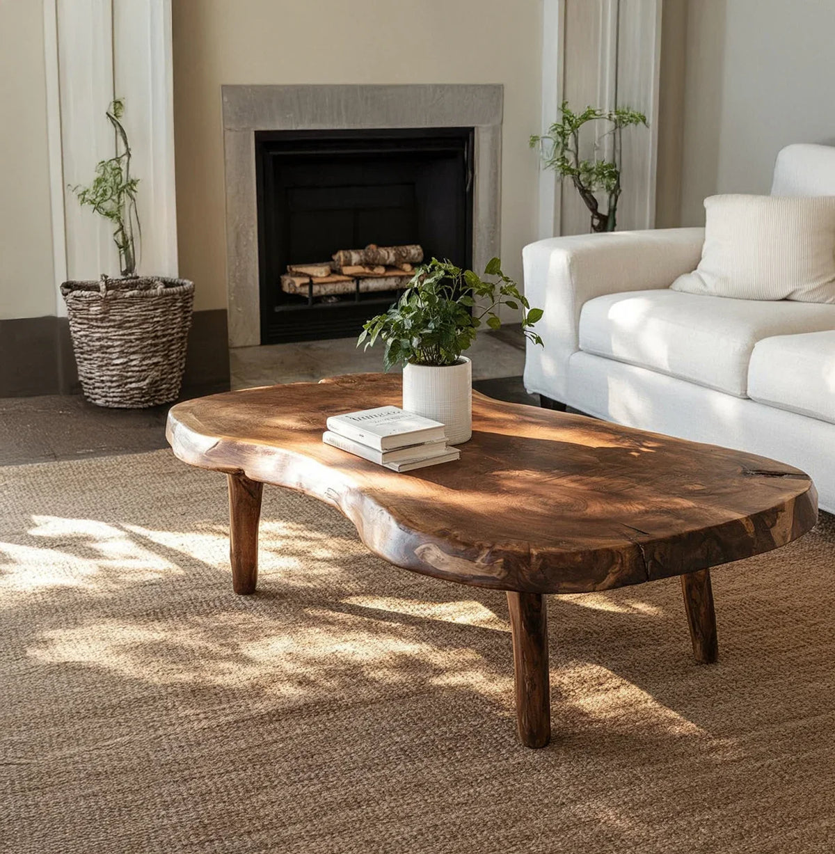 Live edge solid wood coffee table in modern living room with books and plant