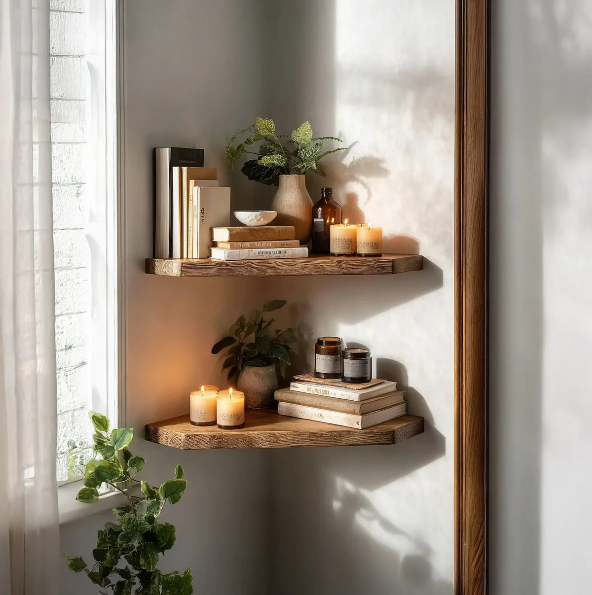 Solid wood corner floating shelves with books, candles, and potted plants in natural light.