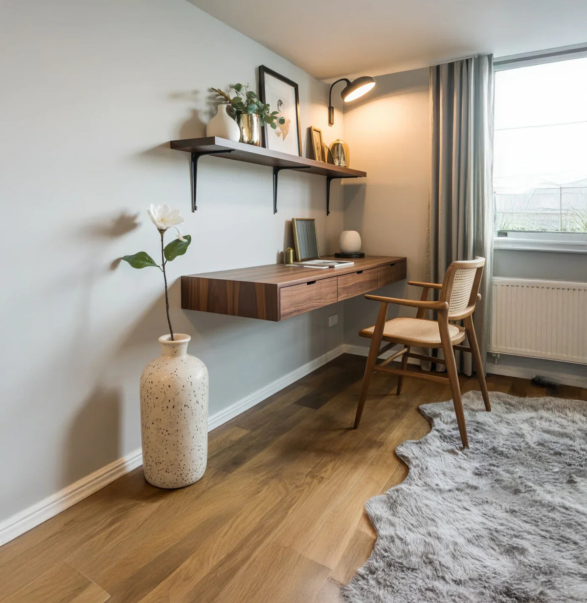 Minimalist home office with floating solid wood desk, modern chair, floating shelf, decor accents