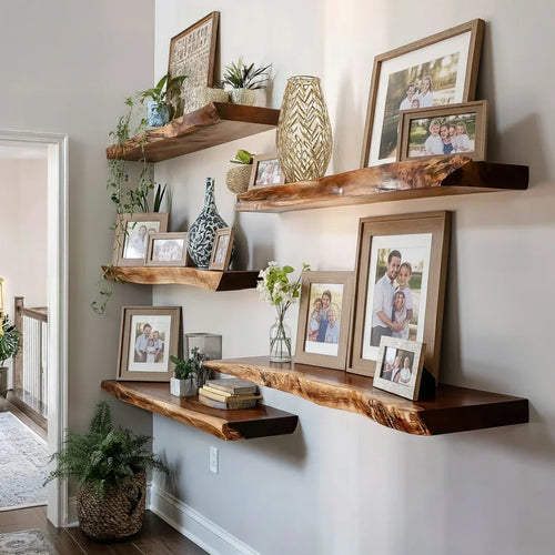Handcrafted Live Edge Floating Shelf – Carved Wavy Wood Wall Art