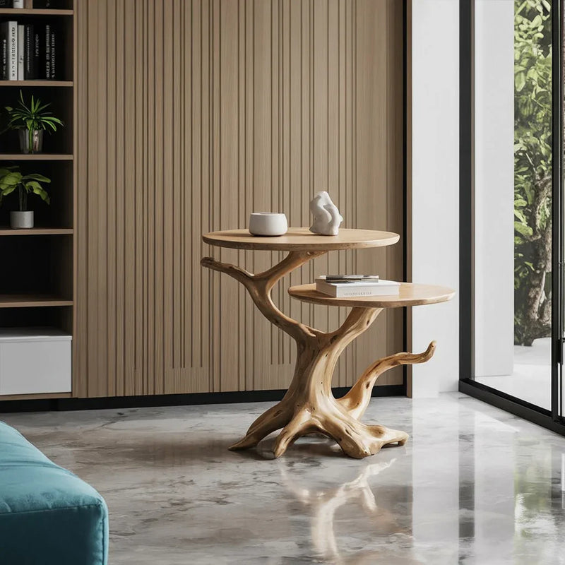 Sustainably crafted live edge wood side table with organic tree branch base in modern room