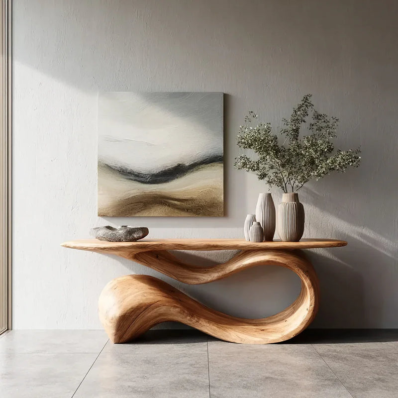 Modern wooden console table with curvy design under abstract landscape wall art and ceramic vases with greenery