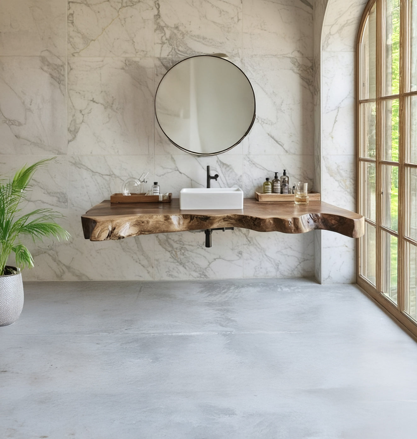 Minimalist bathroom with live edge wooden countertop, white rectangular sink, round mirror, and marble walls