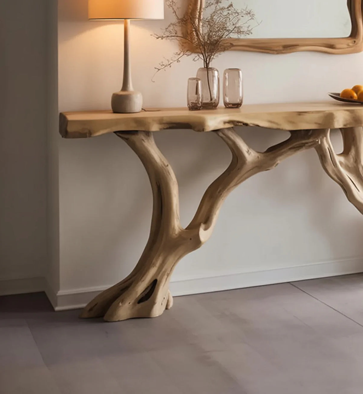 Live edge solid wood console table with sculpted tree branch legs, modern minimalist decor