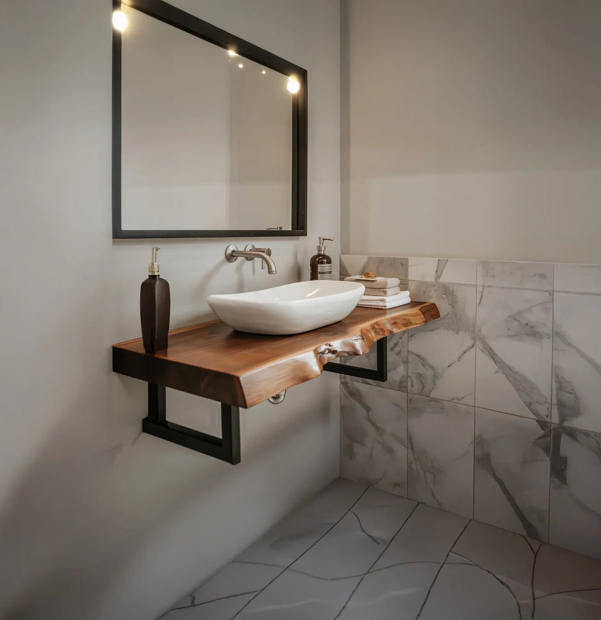 Floating live edge wood bathroom vanity with vessel sink and modern wall mirror