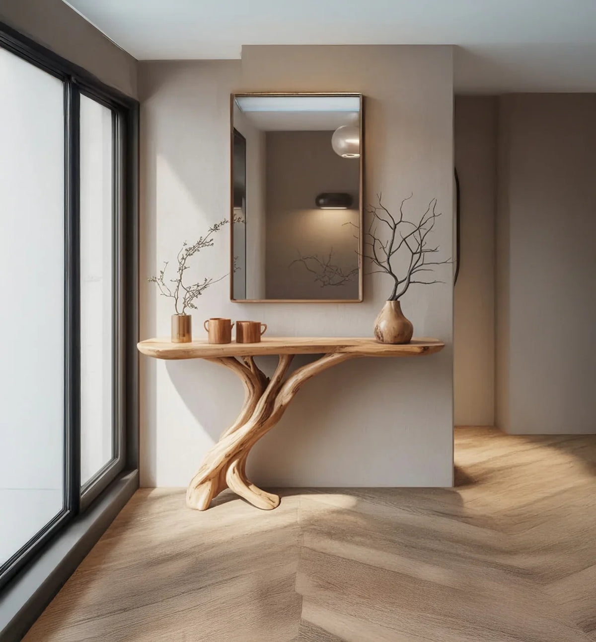 Solid wood live edge console table with sculpted legs, decorative vases, and a wall mirror in a modern entryway.