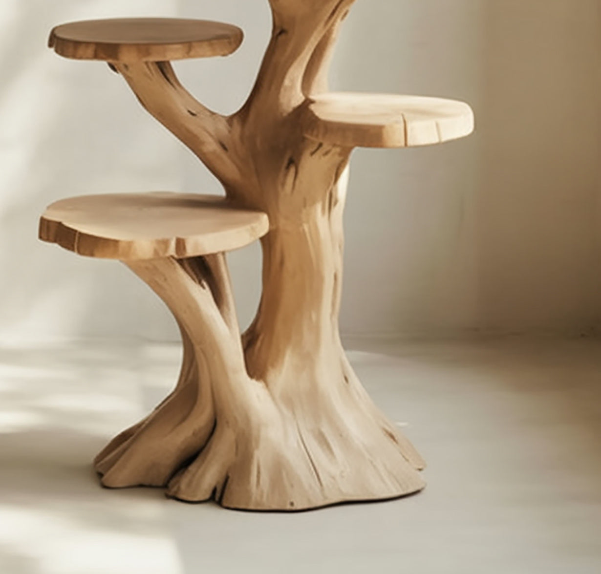 Tree-Trunk Wooden End Table – Multi-Tier Display Stand