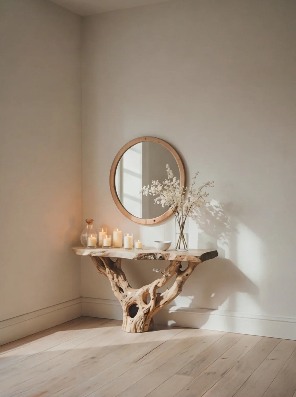 Sustainably crafted live edge wood console table with candles, vase, and round mirror in a minimalist room.