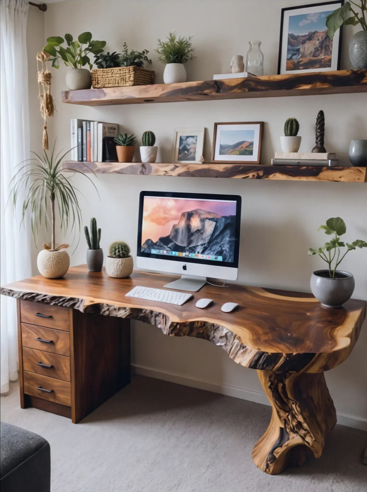 Solid wood live edge desk and floating shelves with plants, books, and home office decor