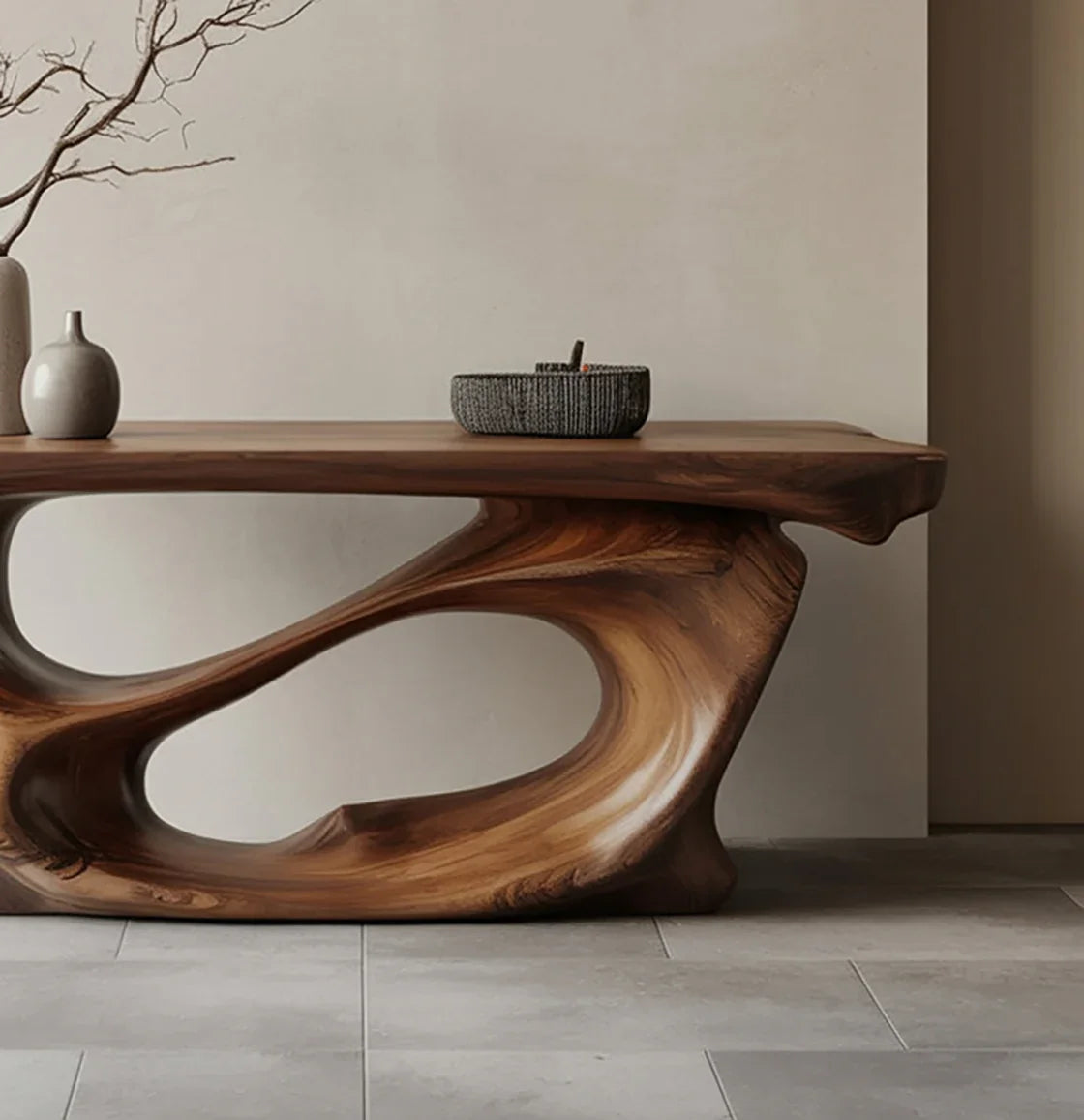 Organic live edge solid wood table with sculpted base, minimalist decor, and ceramic vases