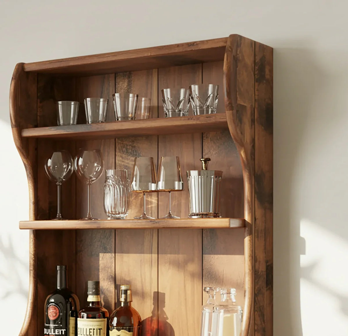 Solid wood wall-mounted bar shelf with glassware and liquor bottles, natural finish