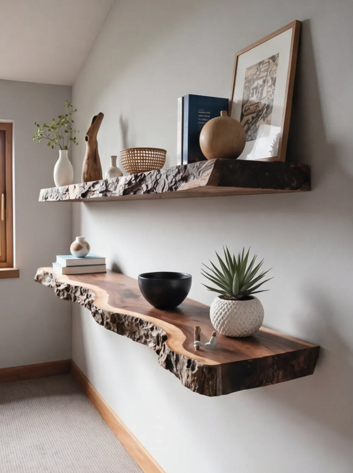 Floating live edge wooden shelves with decor, books, and plants on a modern wall.
