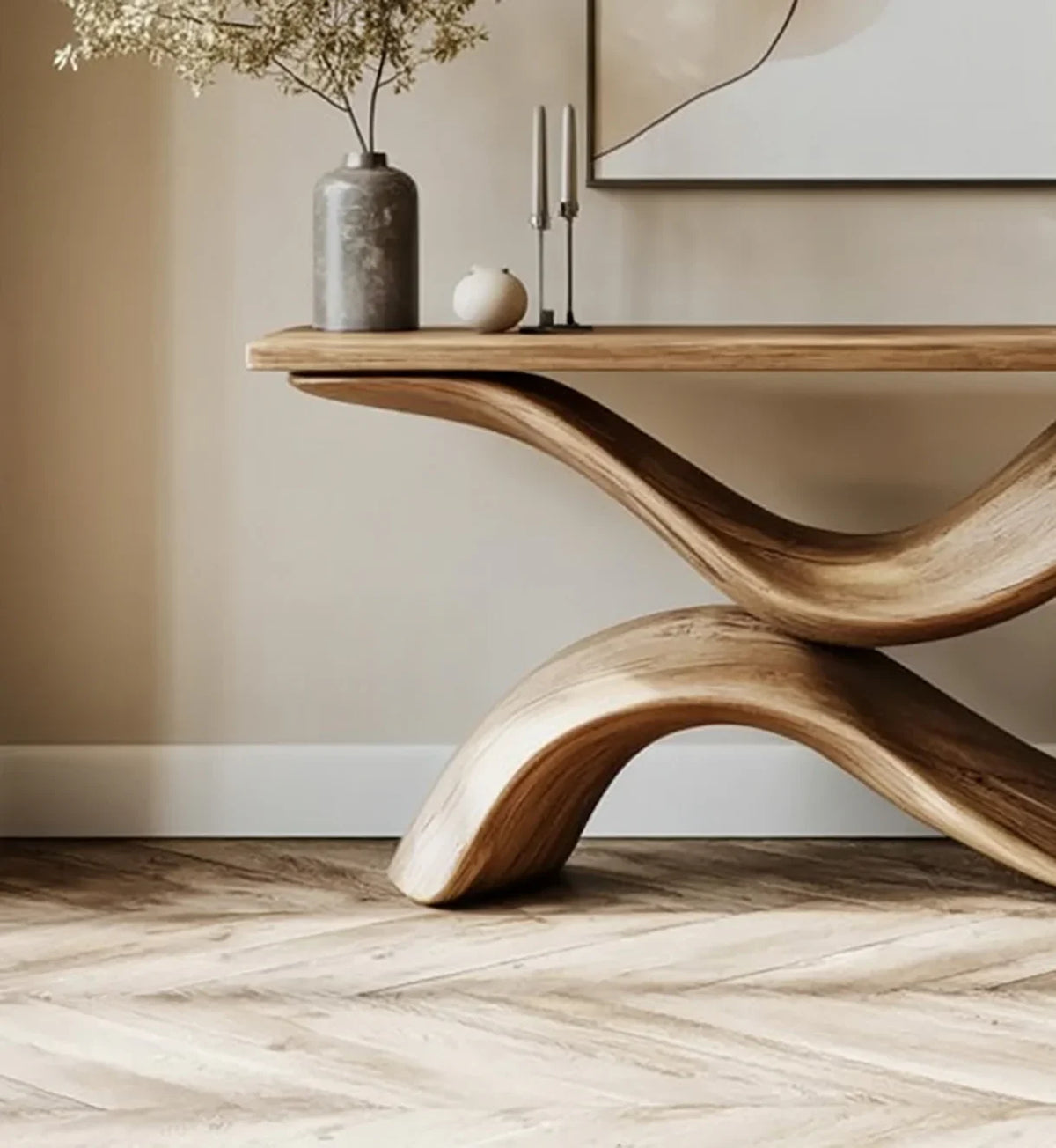 Curved live edge solid wood console table in modern living room with decor accents