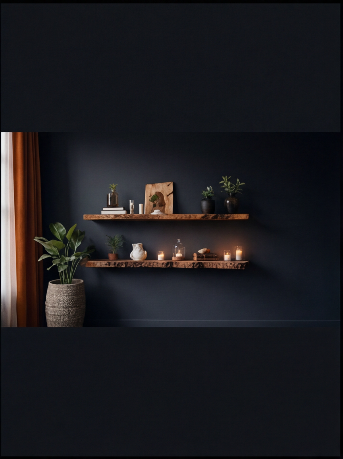 Floating live edge wooden shelves with candles, plants, and decor on a dark wall
