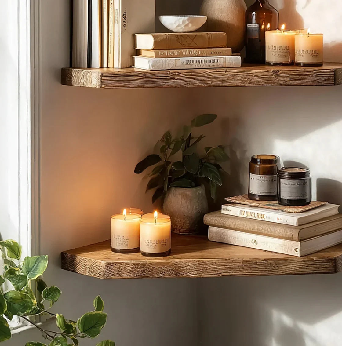Two rustic floating wooden shelves with books, potted plant, and lit candles in a cozy corner