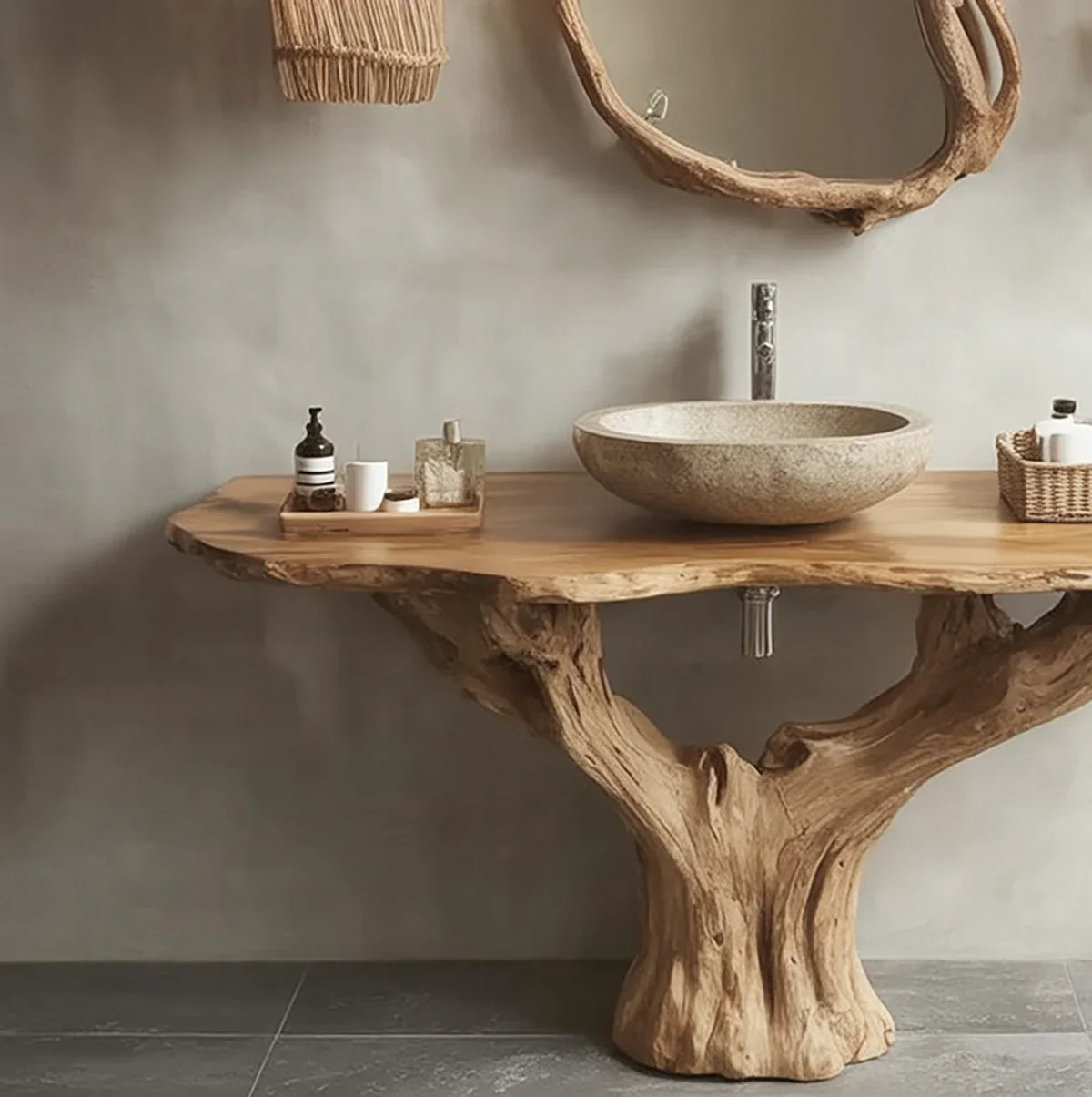 Live edge wood vanity with stone sink and rustic mirror in modern bathroom