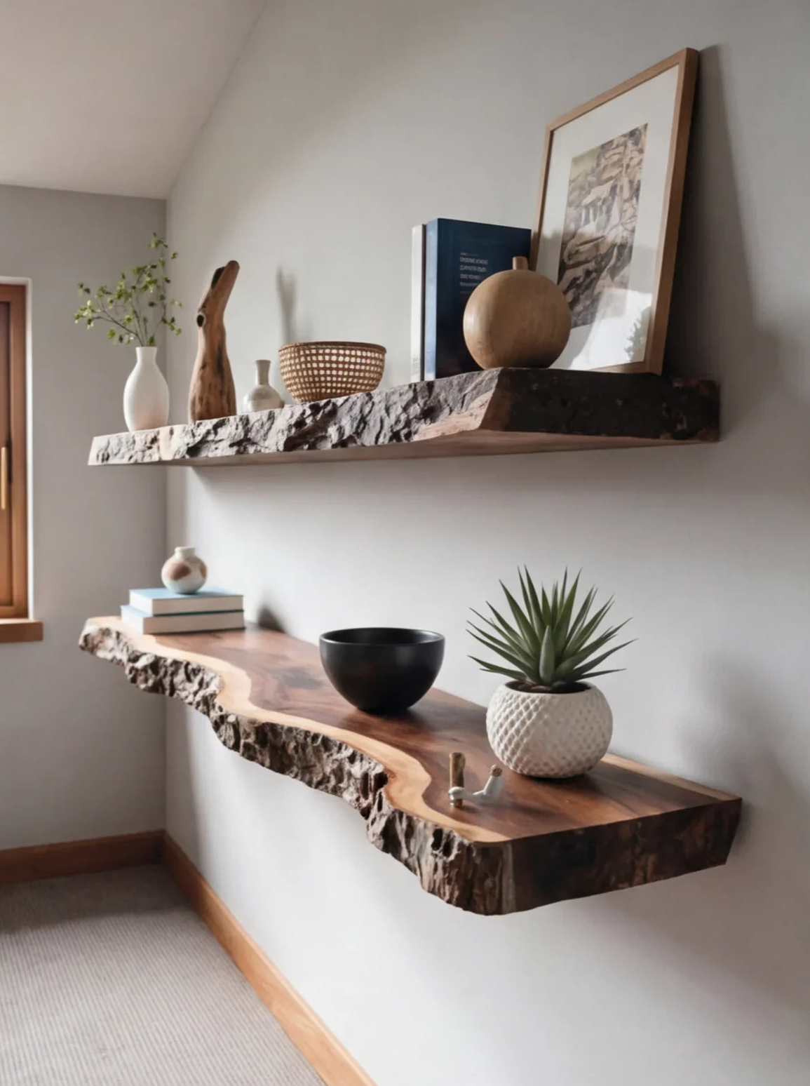 Live edge wooden floating shelves with decor items on a neutral wall