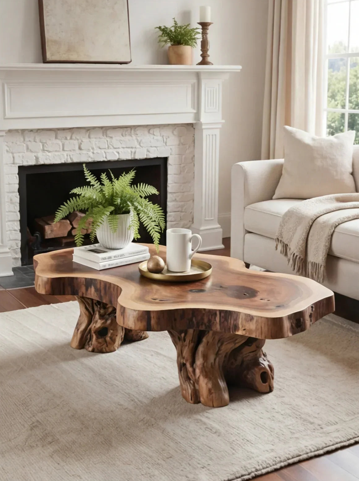 Live edge solid wood coffee table in cozy living room with fireplace and neutral decor