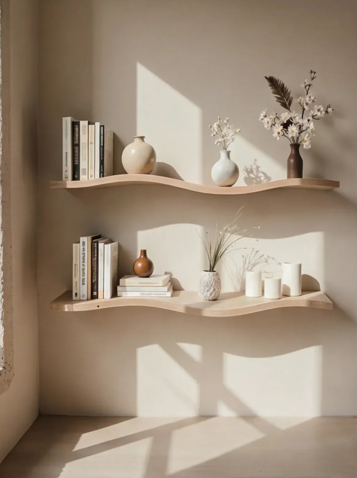 Wavy-edge floating wood shelves with books, ceramic vases, candles, and dried flowers in natural light.