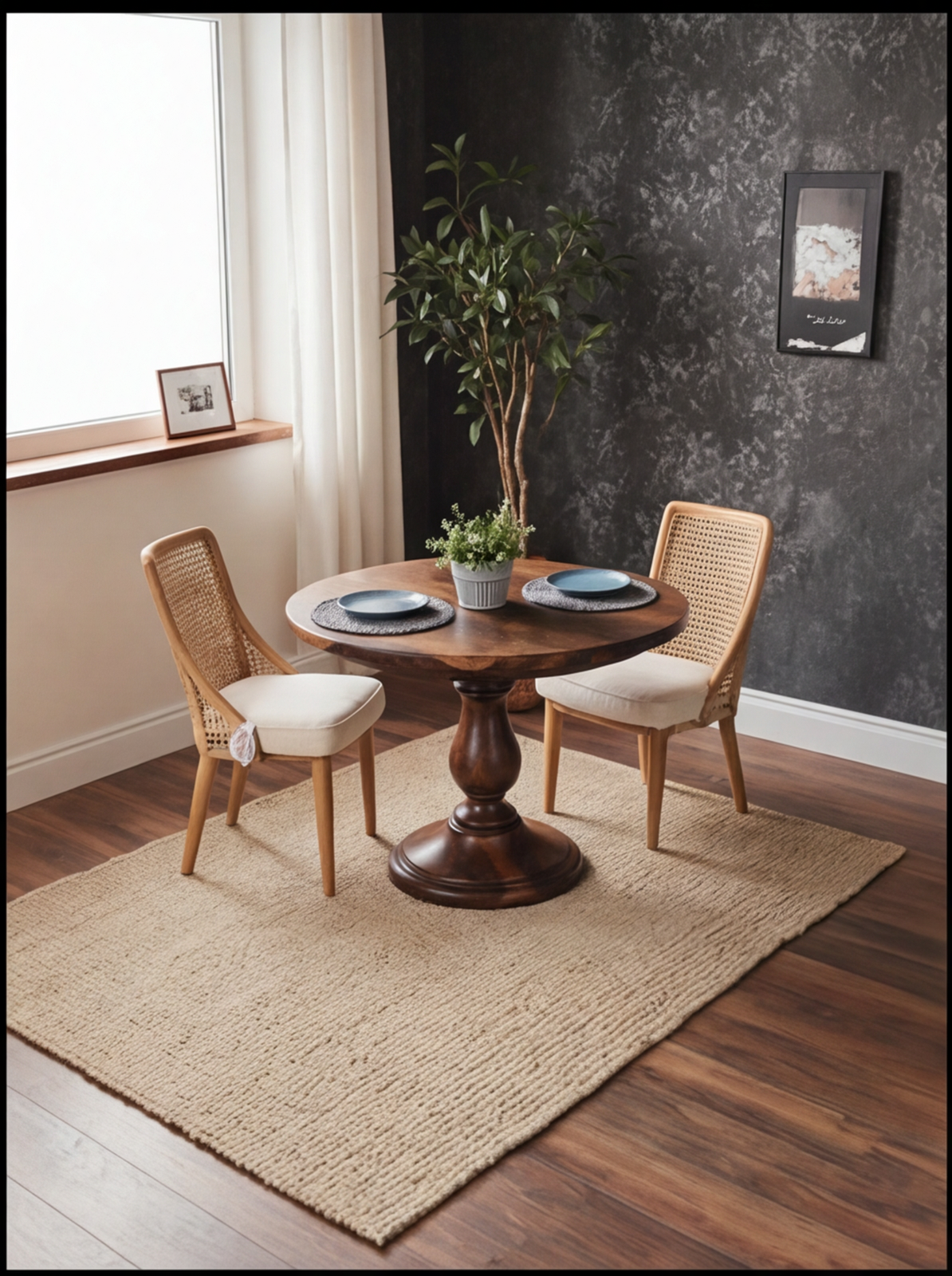 Round solid wood pedestal dining table with two rattan chairs on a jute rug in a cozy room