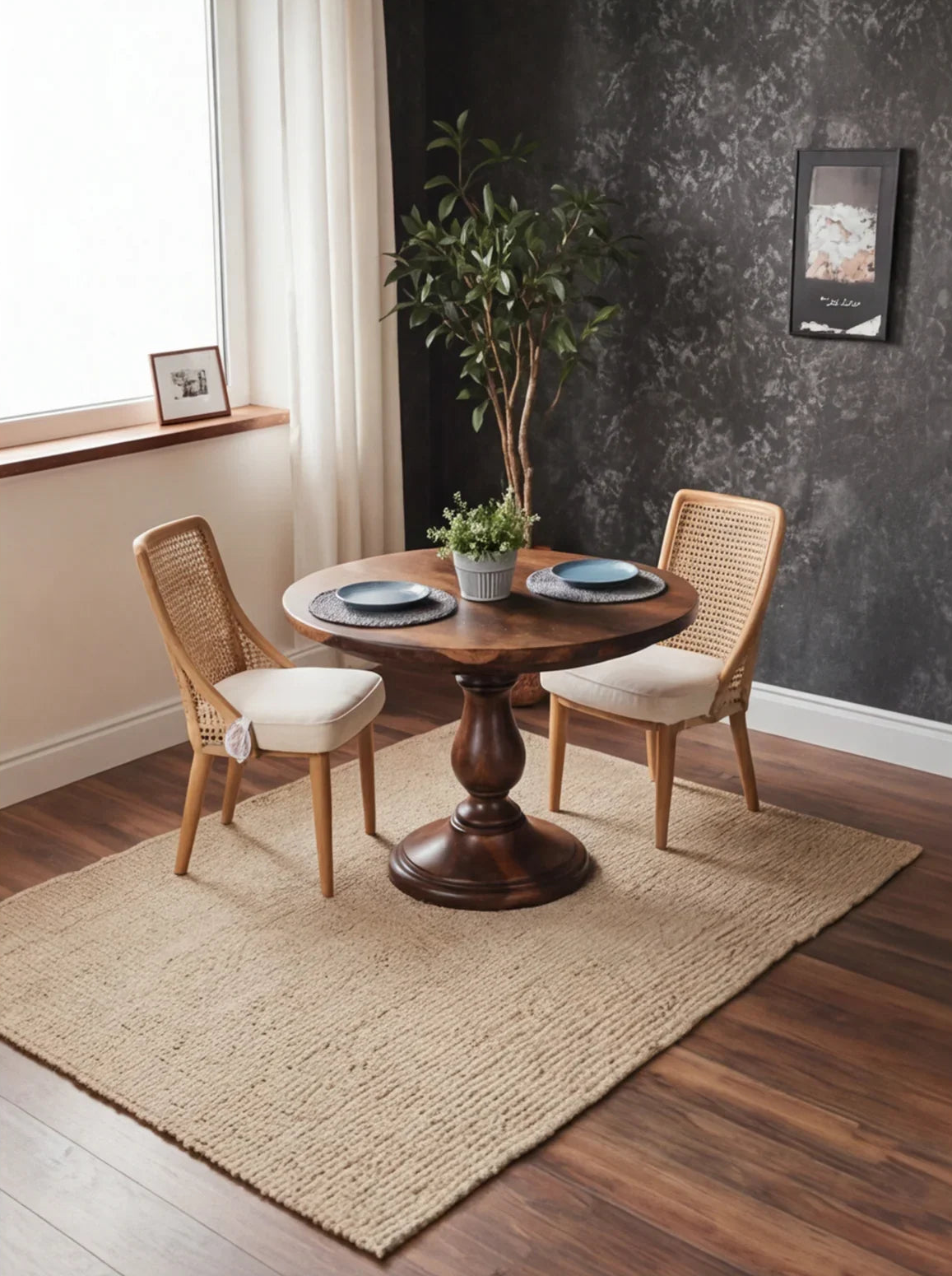 Round solid wood pedestal dining table with two rattan chairs on a jute rug in a cozy room