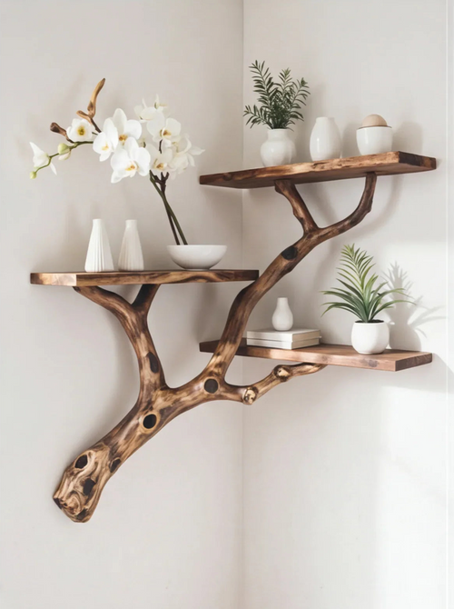 Floating Corner Tree Bookshelf – Rustic Driftwood Branch Wall-Mounted Shelf