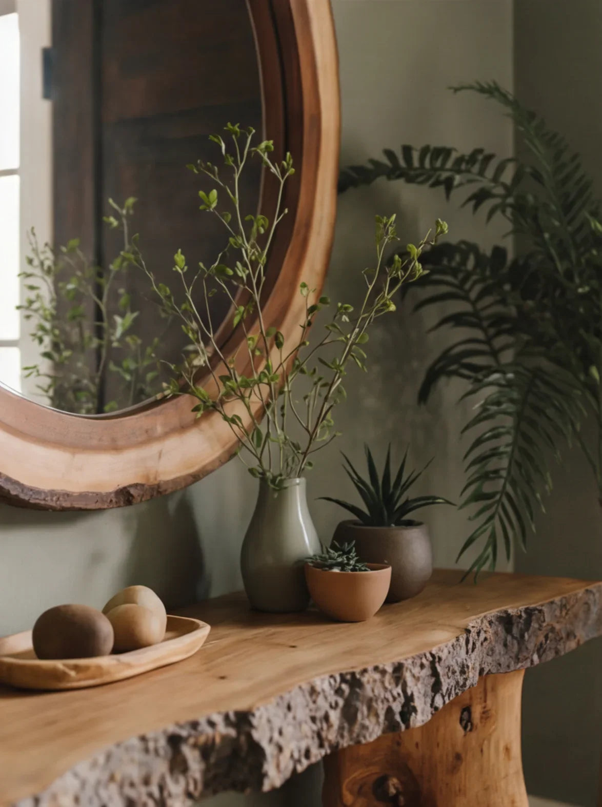 Live edge wood console table with potted plants, rustic mirror, and natural decor accents.