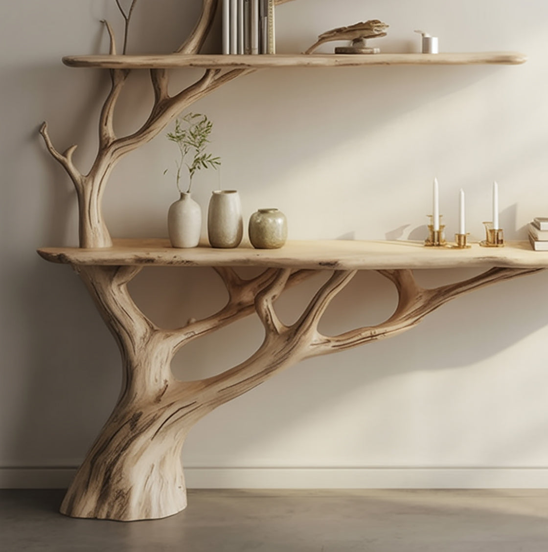 Live Edge Wood Console Table with Tree Branch Shelves – Handmade Hallway Table