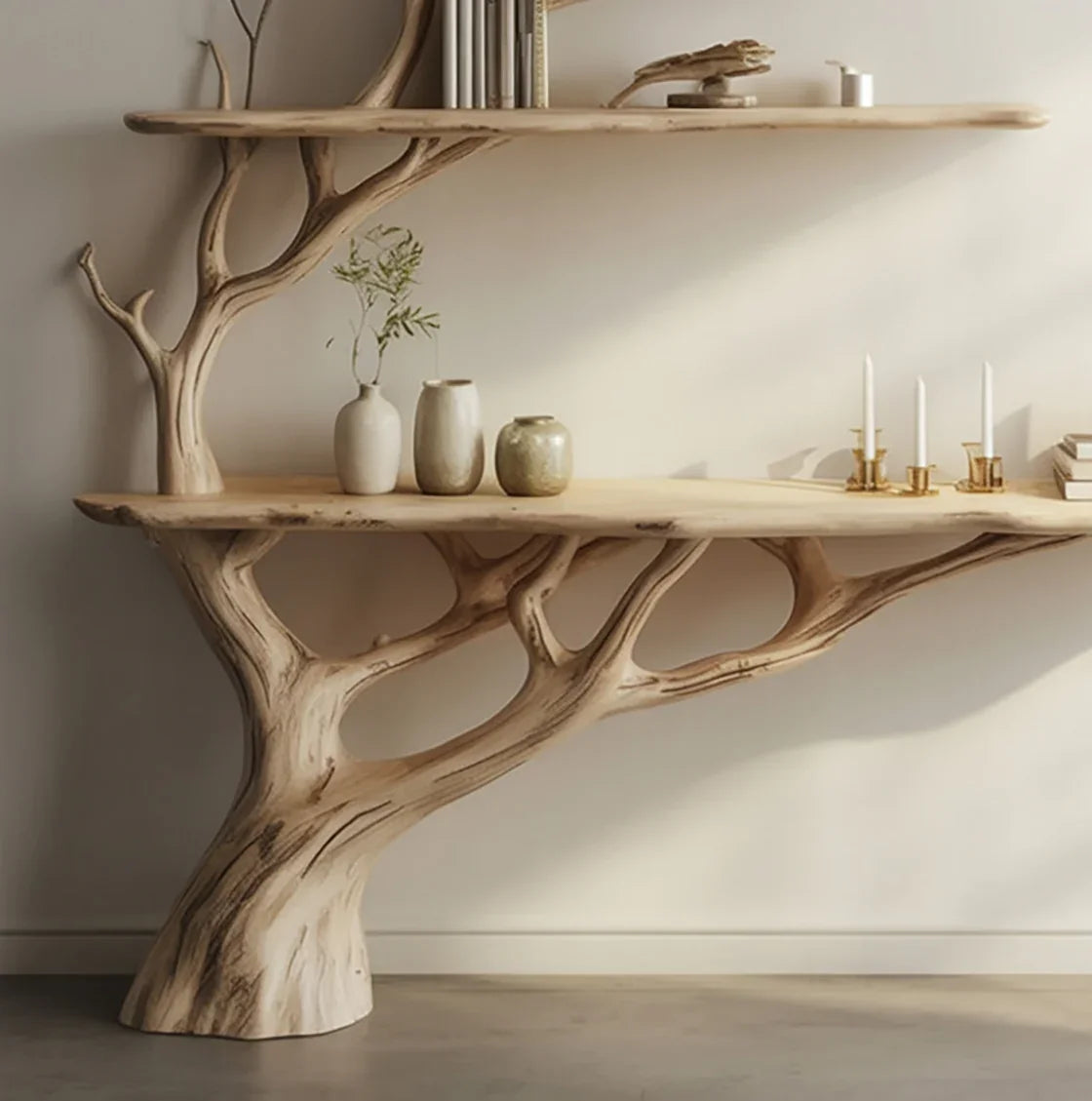 Solid wood tree bookshelf with live edge shelves, natural finish, and home decor accents