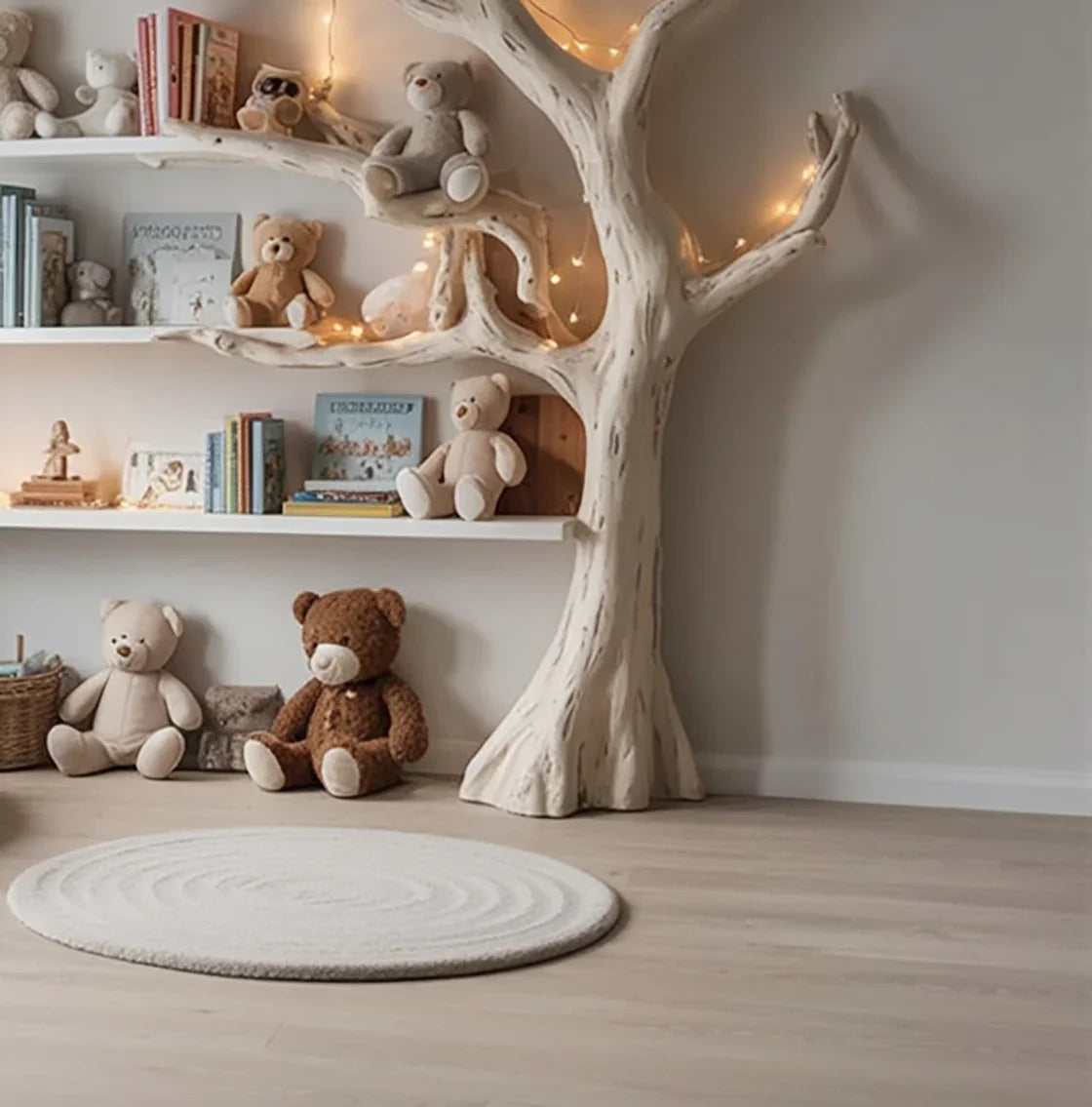 Children's room with teddy bears, tree-shaped bookshelf, fairy lights, and round white rug on wooden floor