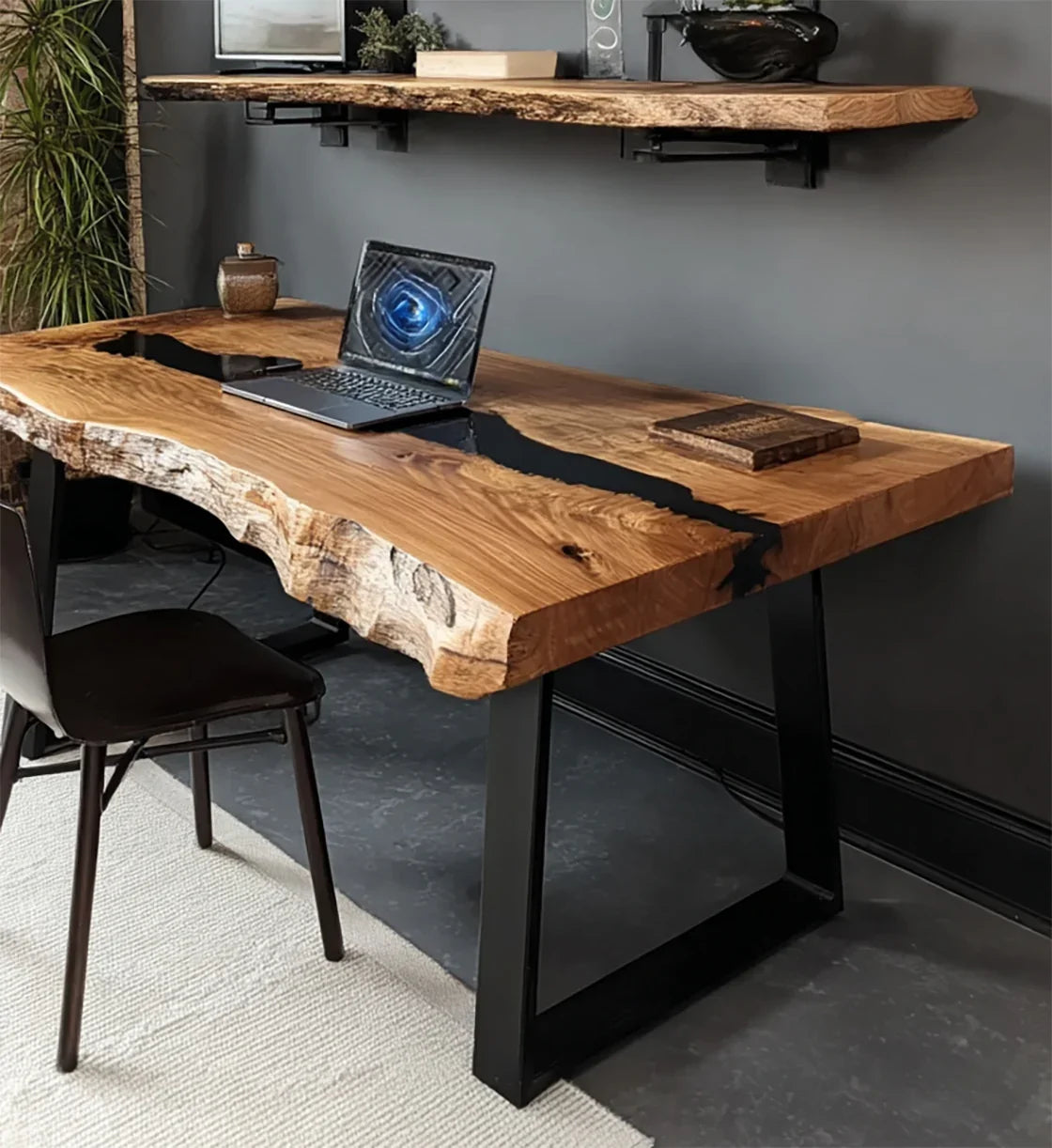 Live edge wooden desk with black resin river, laptop, chair, and matching floating shelf in modern office
