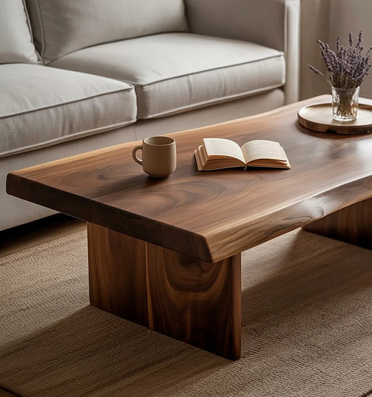 Live edge solid wood coffee table in modern living room with open book, mug, and dried flowers