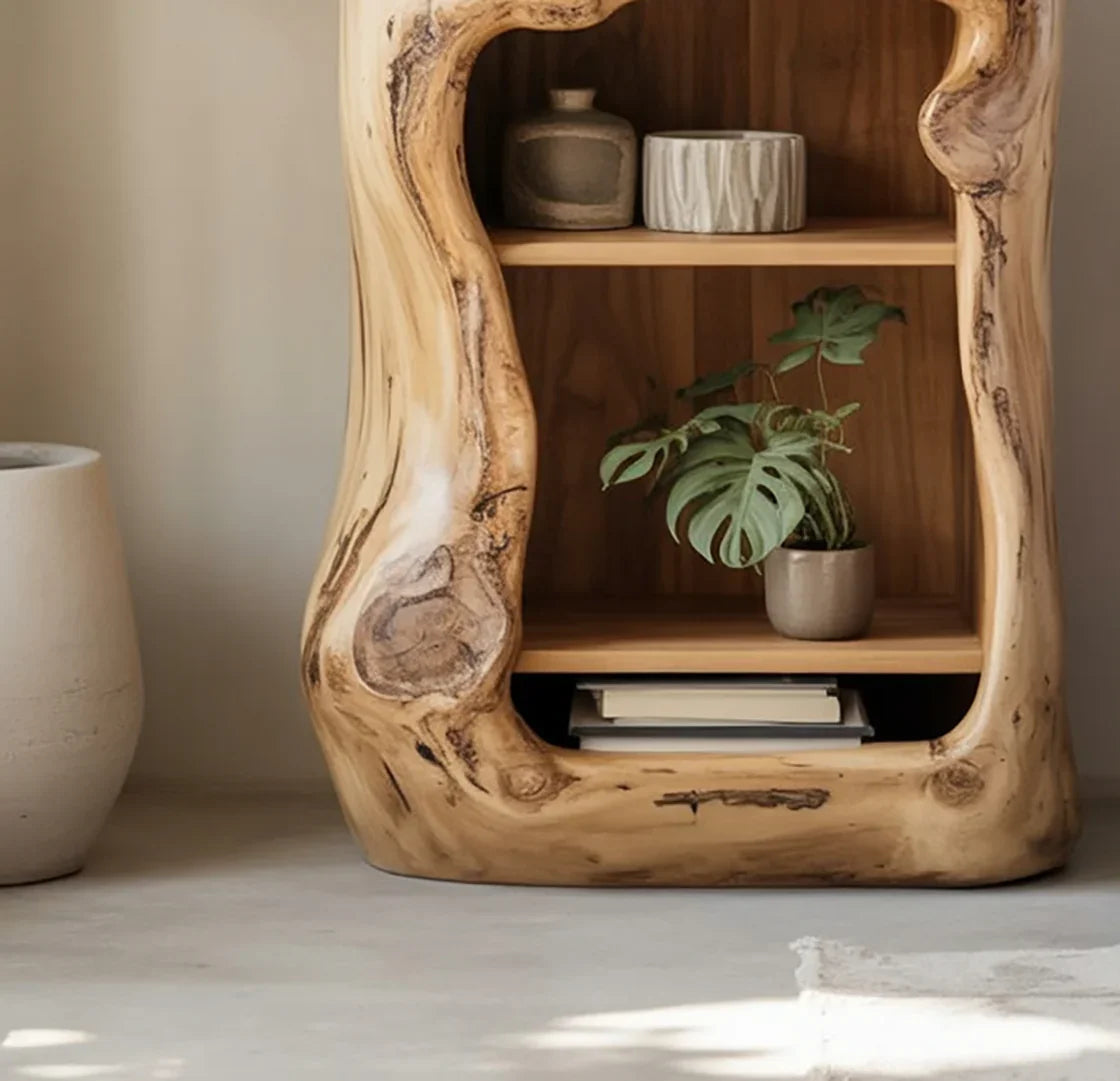 Live edge solid wood bookshelf with decorative vases, plant, and stacked books.