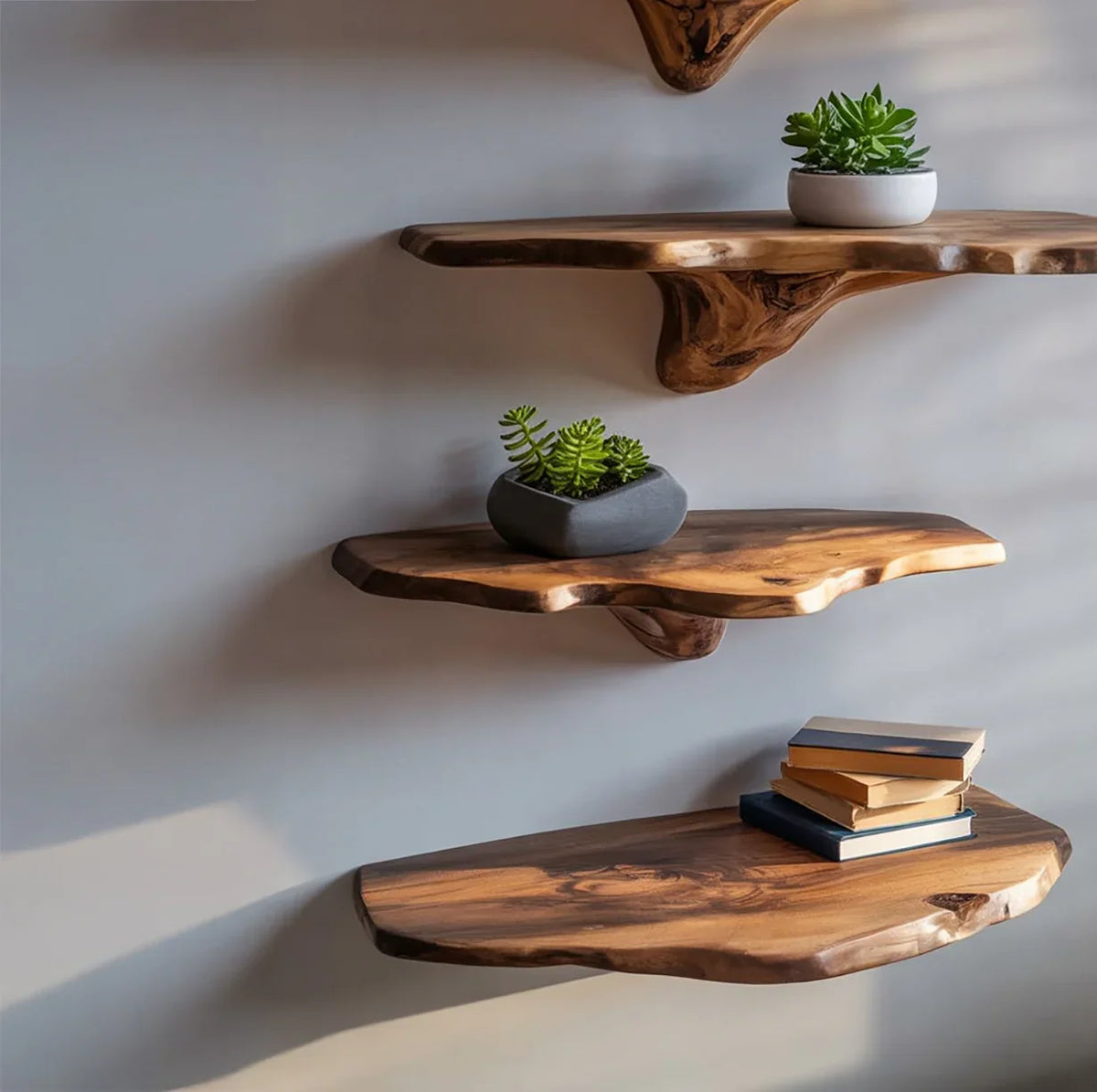 Live edge floating wood shelves with potted succulents and books on a wall