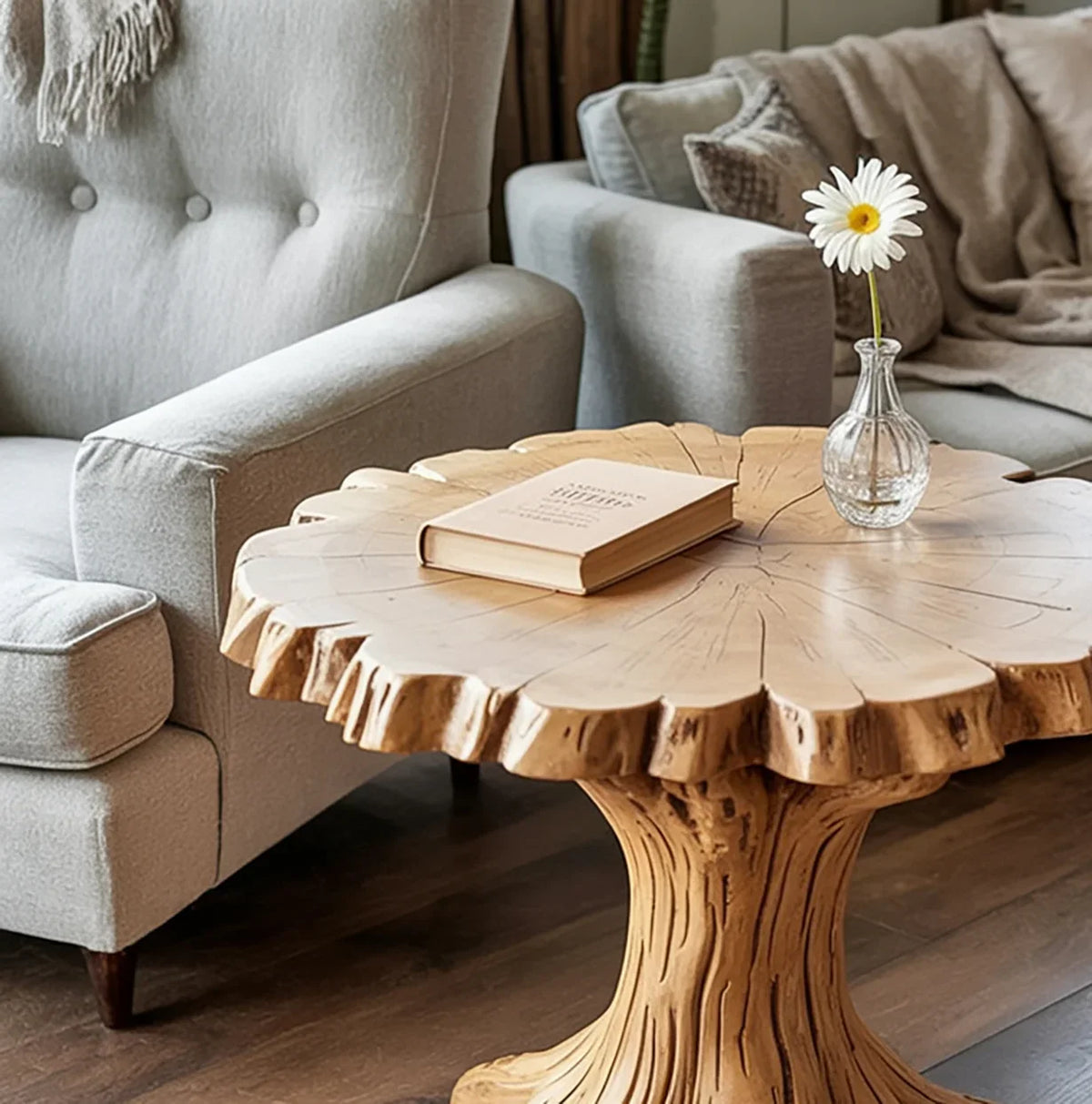 Solid wood live edge table in cozy living room with a book and single flower vase on top