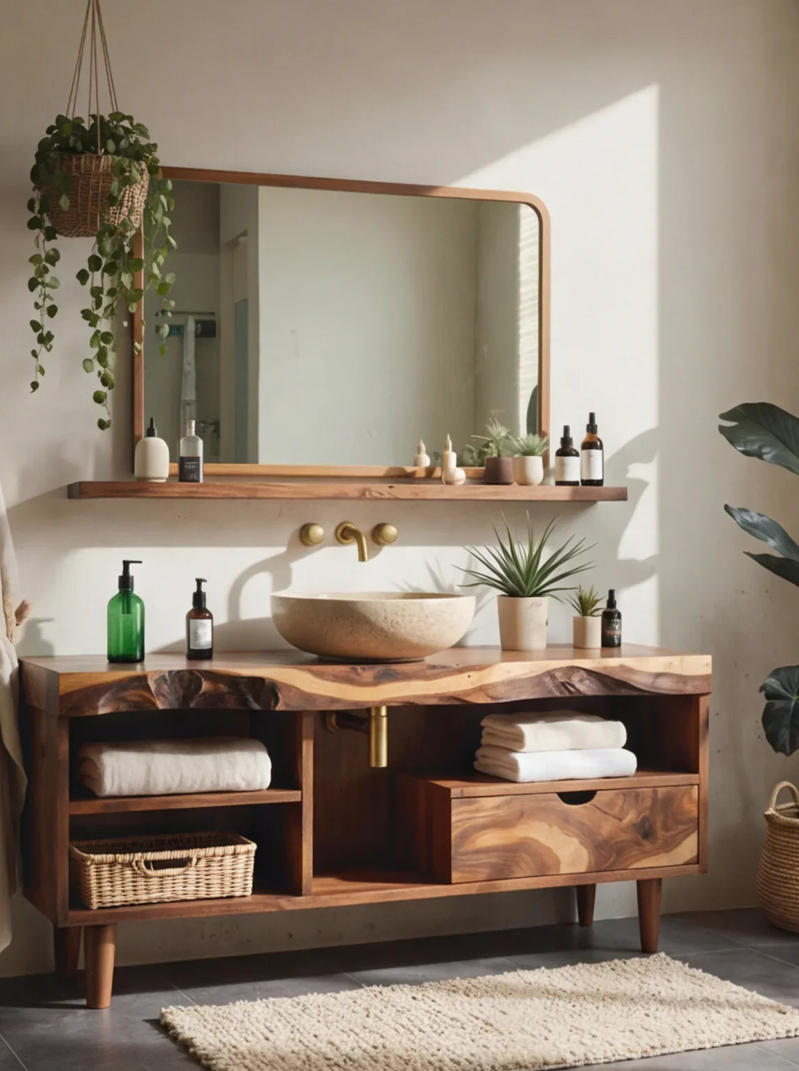 Live edge solid wood bathroom vanity with stone sink, large mirror, shelf, and indoor plants