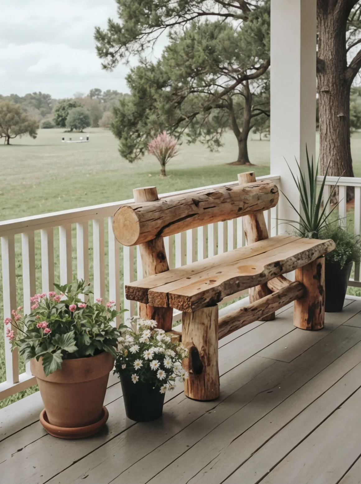 Rustic live edge wooden bench on porch with potted flowers and green plants