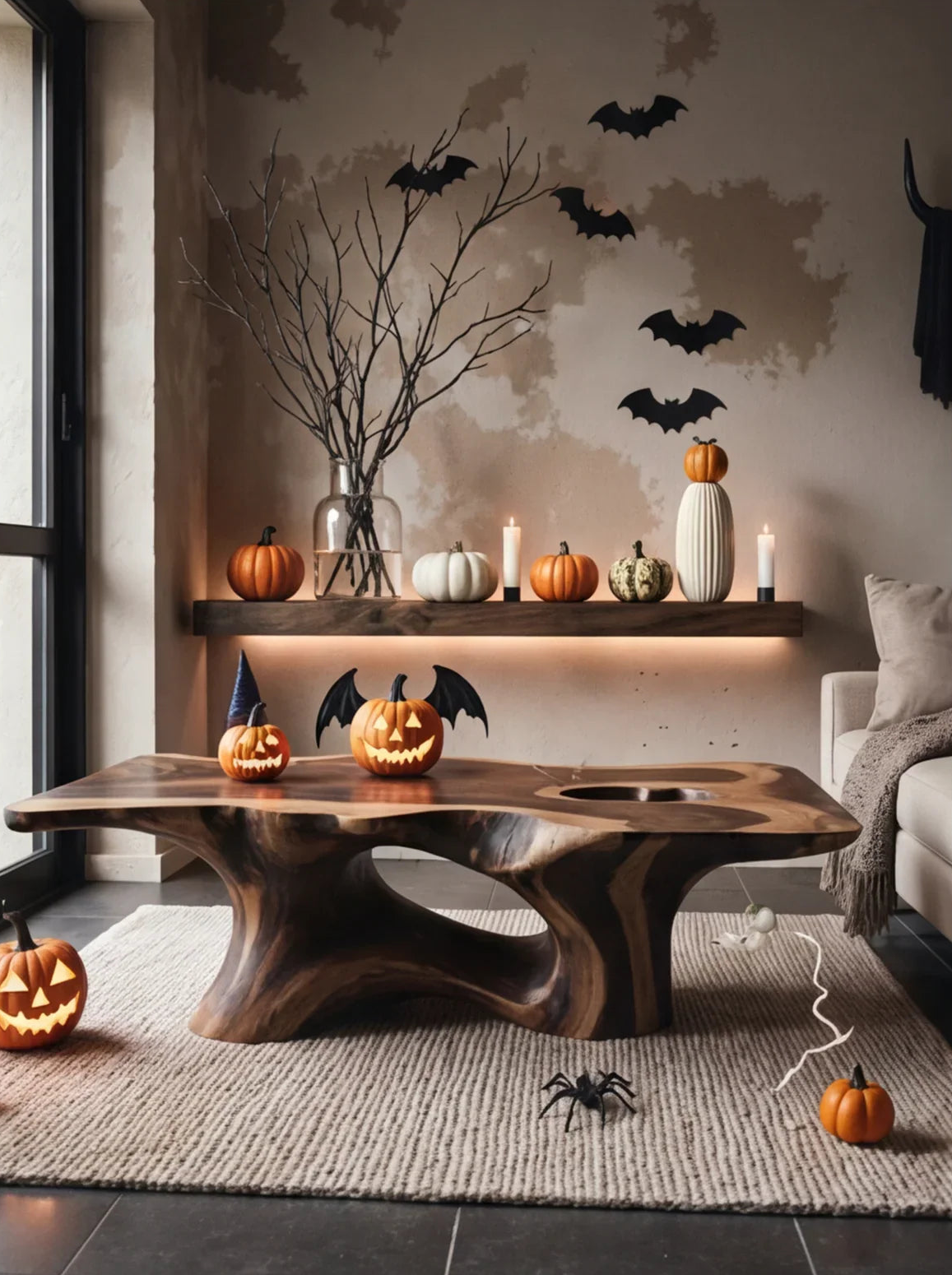 Sustainably crafted live edge wood coffee table in Halloween-themed living room with pumpkins and bat decor