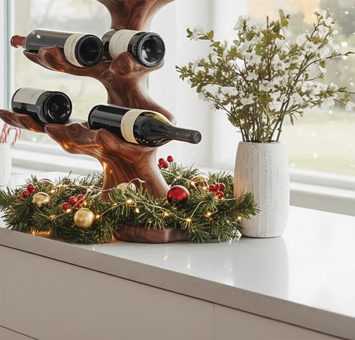 Wooden wine rack with four wine bottles surrounded by Christmas greenery and lights next to white vase with white flowers
