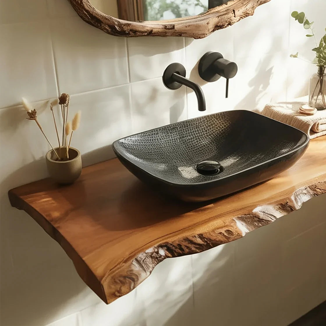 Live edge wood floating vanity with black vessel sink and matte black faucet in modern bathroom