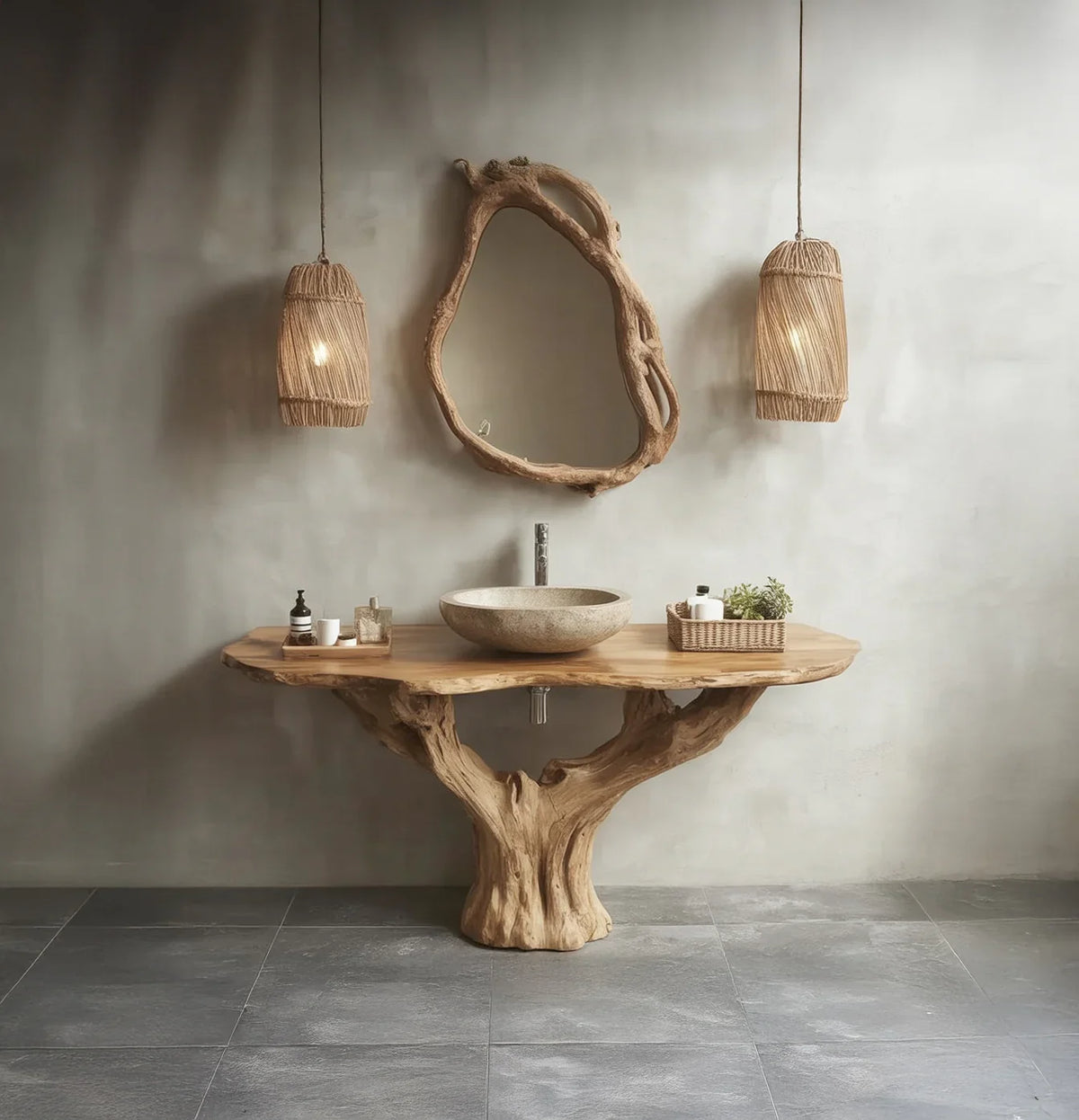 Live edge wood vanity with stone sink, organic mirror and pendant lights in a modern bathroom